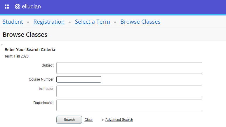 Screen shot showing browse search fields